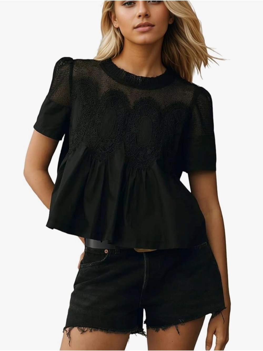 Callbatic Women Lace Trim Blouse
Mesh See Through Puff Short Sleeve
Ruffle L New